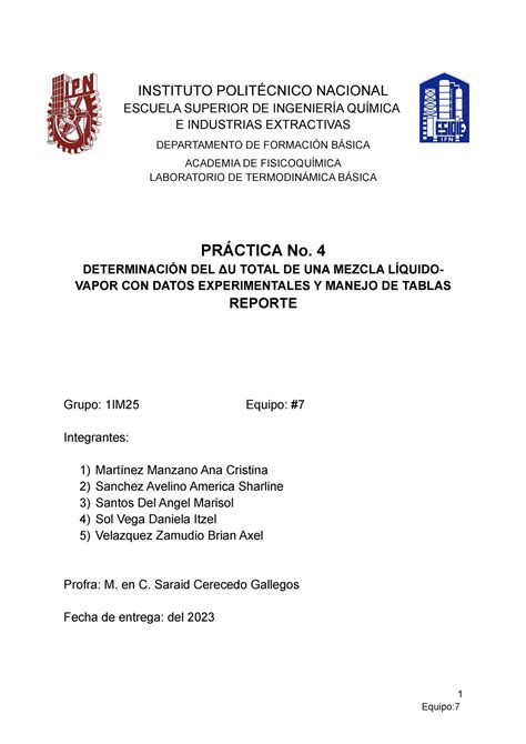 Reporte Pract Lab Termo Instituto Polit Cnico Nacional Escuela