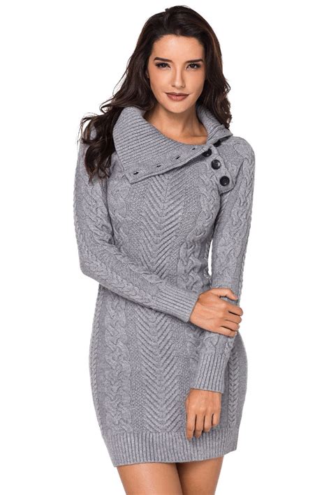 Asymmetric Buttoned Collar Grey Bodycon Sweater Dres Sweater Dress