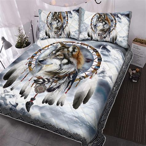 Wolf Quilt Bedding Set Native American Wolf Howling Dreamcatcher