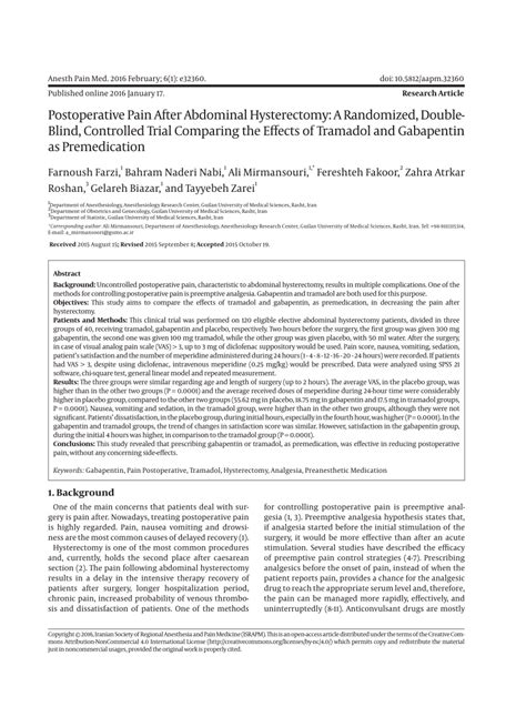 Postoperative Pain After Abdominal Hysterectomy A Randomized Double