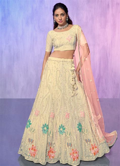 Shop Off White Net Embroidered Umbrella Lehenga Party Wear Online At