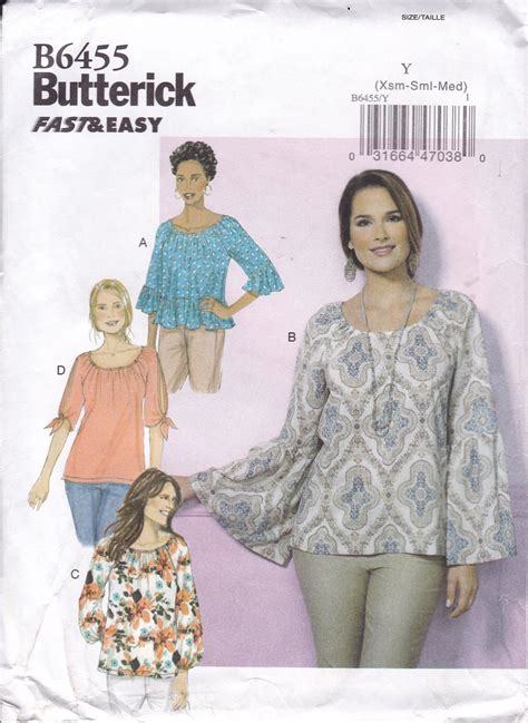 Free Us Ship Butterick 6455 Loose Fitting Blouse Peasant Boho Bohemian Uncut Sewing Pattern Size