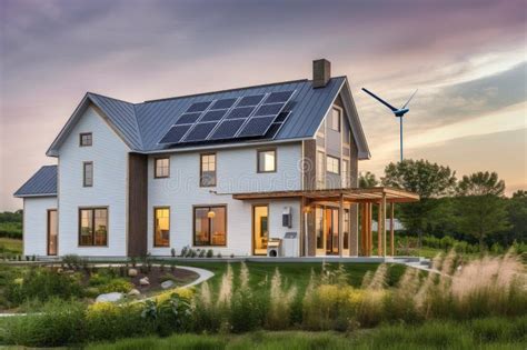 Modern Farmhouse With Solar Panels Wind Turbines And Vegetable Garden