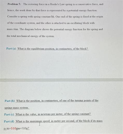 Solved Problem 5 The Restoring Force In A Hooke S Law Chegg