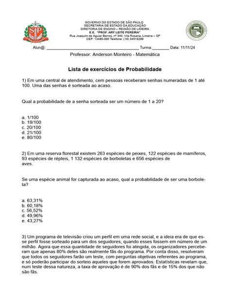 Lista de Exercícios de Probabilidade | PDF