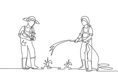 Single Continuous Line Drawing Couple Farmer Watering The Plants Using