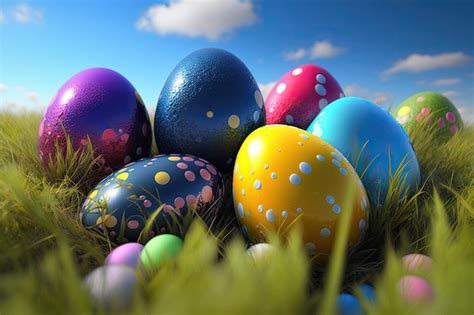 Premium Photo | Easter eggs of all colors on a meadow under a sunny ...