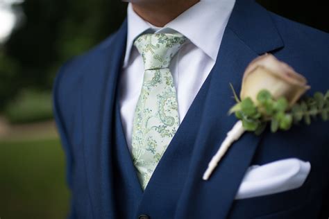 Groom Portrait Wedding Blue Suit Green Tie 3 Piece Blue Suit Paisley Tie Dusty Pink