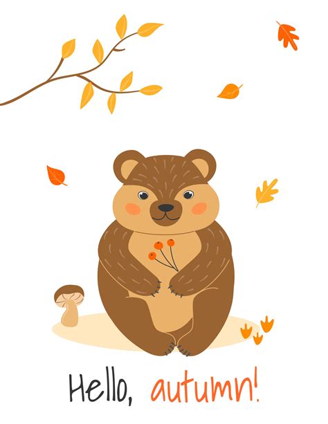 Vector illustration with cute bear, mushroom and leaf fall in cartoon ...