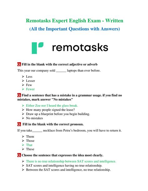 SOLUTION Remotasks Expert English Exams Written Tests With Complete