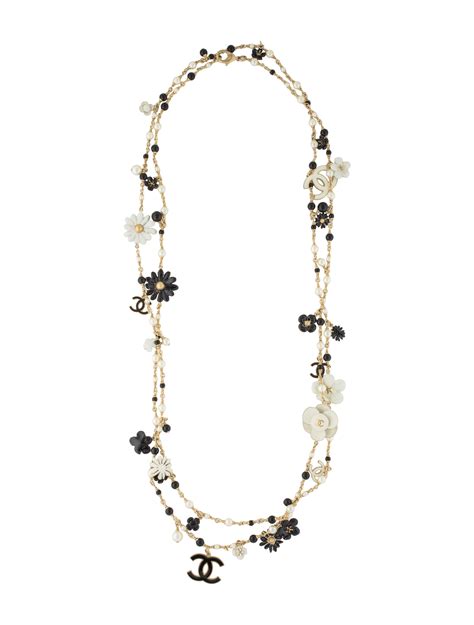 Chanel Faux Pearl Camellia Long Bead Necklace Gold Tone Metal Bead