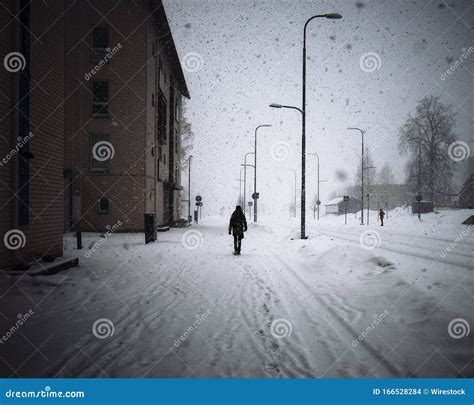 Persona Caminando Bajo La Nevada Durante La Noche Foto De Archivo