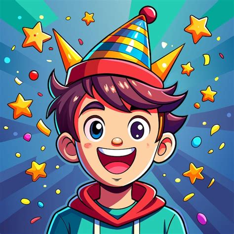 Un niño de cumpleaños de dibujos animados con un sombrero de fiesta y