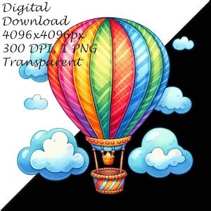 Watercolor Hot Air Balloon Png Colorful Sky Float Digital Clipart For