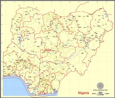 Nigeria Full Printable Exact Vector Map 100 Km Scale Main Roads And Borders 01 Editable Adobe