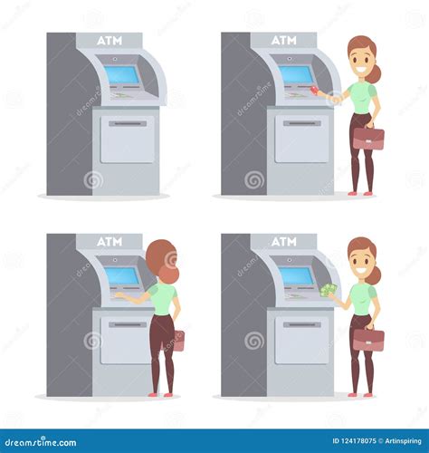 Woman Using Atm Machine And Gets Money Stock Vector Illustration Of