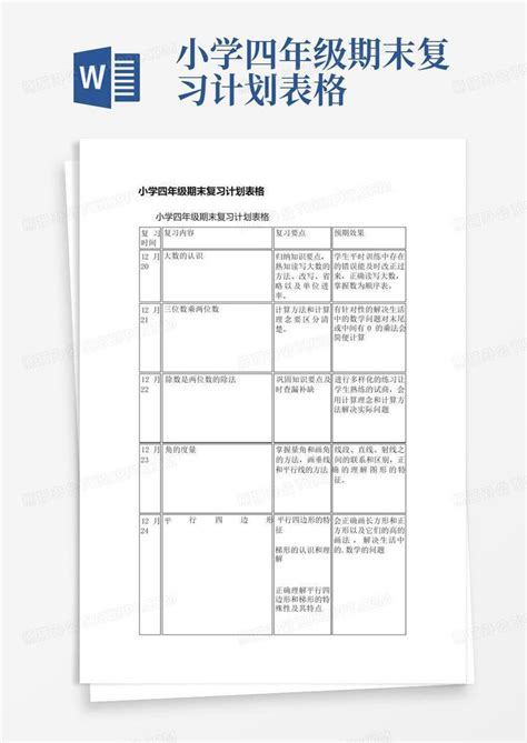 小学四年级期末复习计划表格 Word模板下载编号qrkzogmw熊猫办公