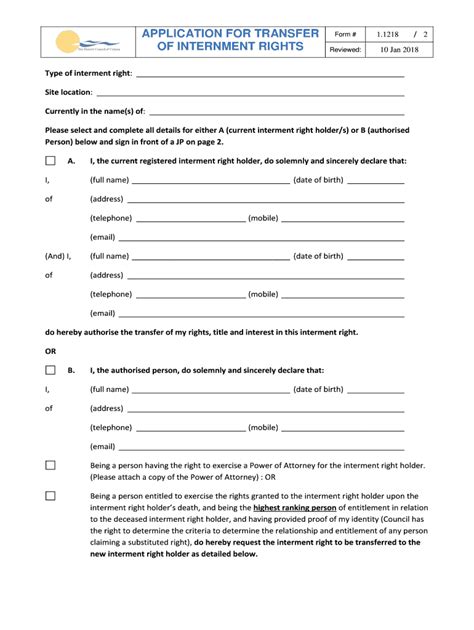 Fillable Online APPLICATION FOR TRANSFER OF INTERNMENT RIGHTS Fax Email