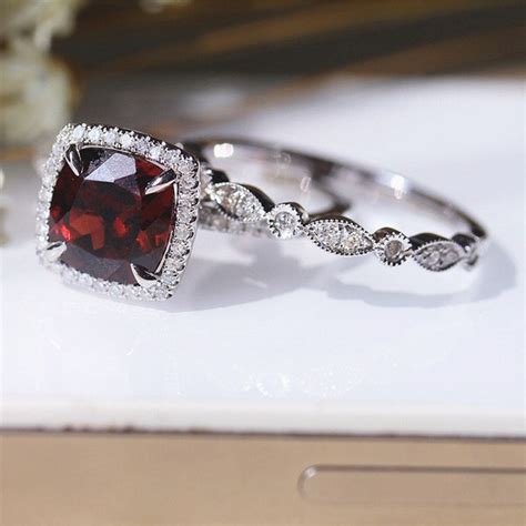 Garnet Engagement Ring Set Etsy