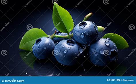 Vibrant Still Life Water Droplets On Blueberries With Leaves Stock