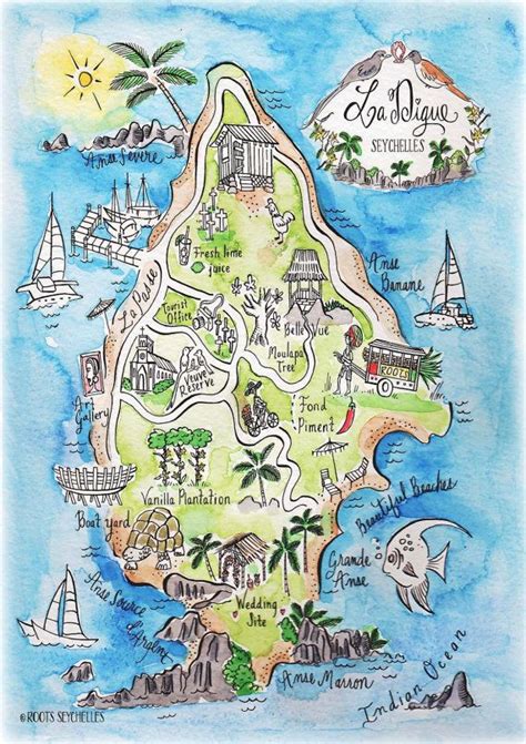 Illustrated Hand Painted Watercolor Map Print Of La Digue Island