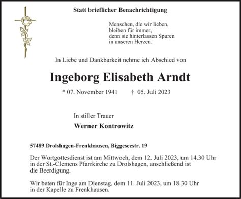 Traueranzeigen Von Ingeborg Elisabeth Arndt Trauer In Nrw De