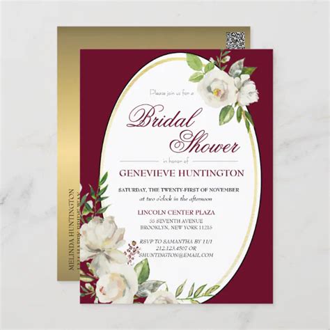 Elegant Burgundy Floral Gold Bridal Shower Postcard Zazzle