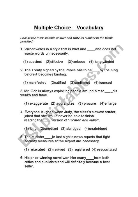 English Worksheets Multiple Choice Vocabulary Quiz