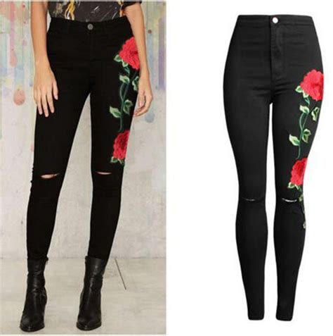 Wholesale Rose Embroidery Ripped Jeans For Women Plus Size Skinny