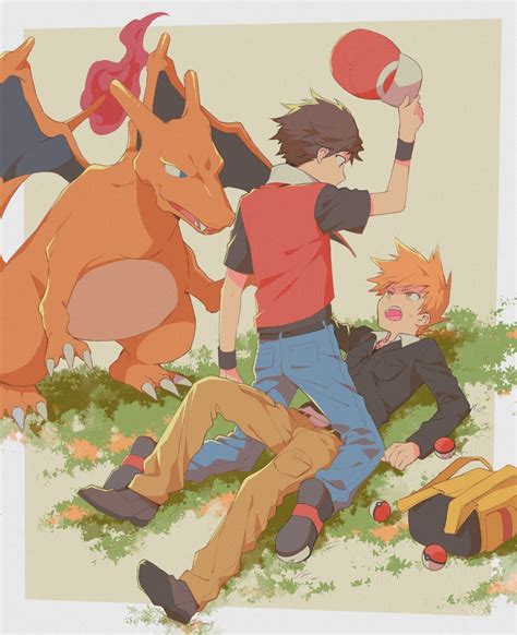 Red Blue Oak And Charizard Pokemon And 2 More Drawn By Hoyano