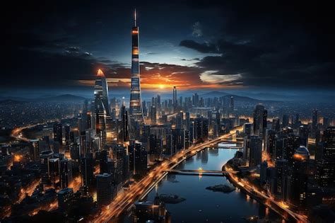 Premium AI Image | The city aglow Skyscrapers and streets illuminatedurban nightlife