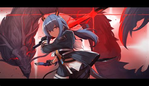 Long Hair Red Eyes Ponytail Blue Hair Dragon Girl Anime Anime