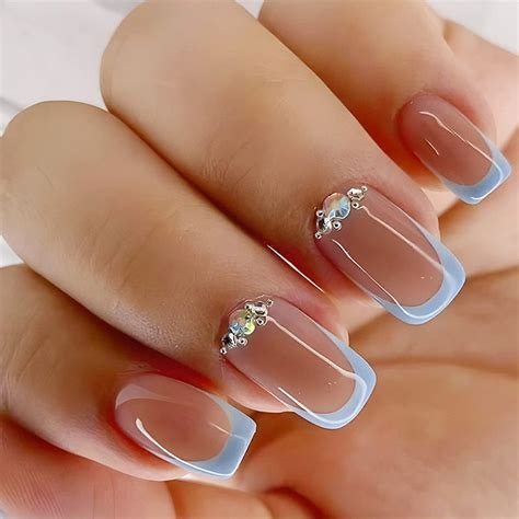 24pcs Press On Nails Square Fake Nails French Medium False Nails Simple Star With