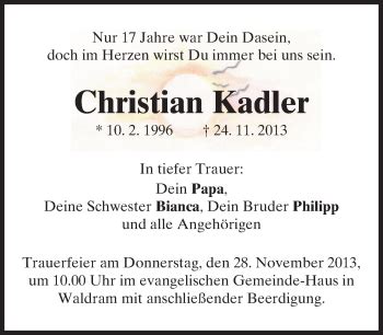 Traueranzeigen Von Christian Kadler Trauer Merkur De