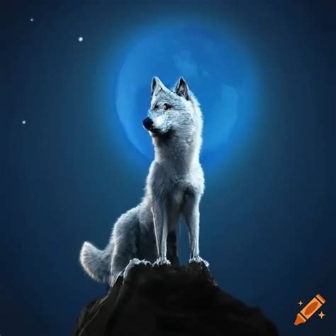 Silver Wolf With Blue Tips Under Bright Moon