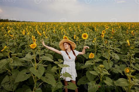 Beautiful Sweet Girl In A Straw Hat In A White Dress A Field Of Sunflowers Agriculture Landscape