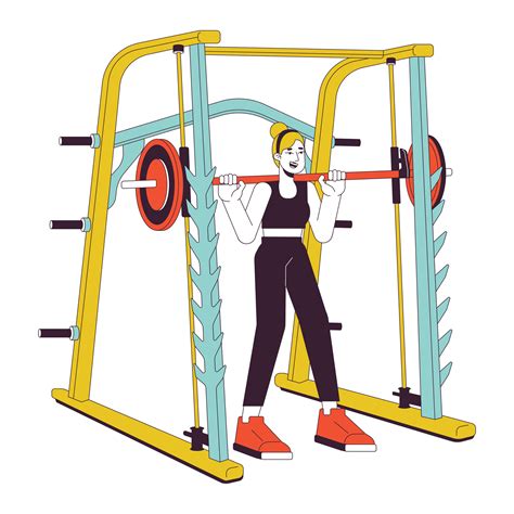 Woman With Barbell In Weight Power Rack Flat Line Color Vector