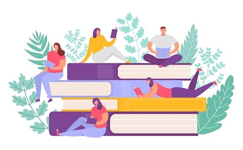 Premium Vector People Who Love To Read Reading Books On Giant Stack Of Books Readers In