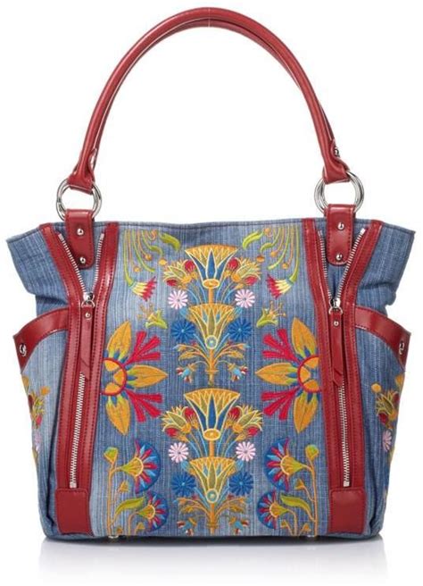 Sharif Embroidered Denim Tote with Leather Trim | Leather, Denim tote, Embroidered denim