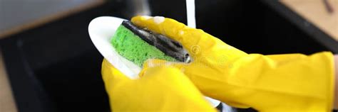 Gloved Hands Wash Dishes Under Tap With Sponge Stock Photo Image Of