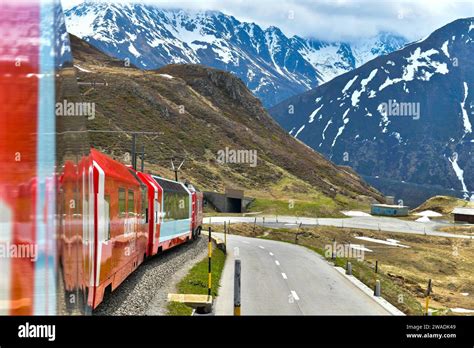 Zermatt 24,5,2023: Glacier Express red swiss train in Swiss Alps ...