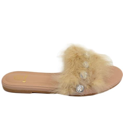 Pantofoline Donna Pelliccia Peluche Pelo Con Applicazioni Beige Nude Voluminosa Colorata Morbide