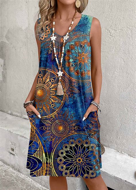 Rotita Pocket Tribal Print Multi Color A Line Sleeveless Dress Rotita