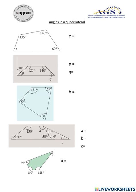 Angles In A Quadrilateral Worksheet Live Worksheets Worksheets Library