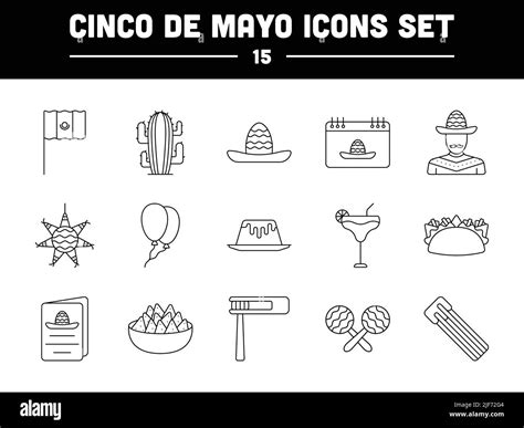 Black Line Art Set Of Cinco De Mayo Icons Stock Vector Image Art Alamy