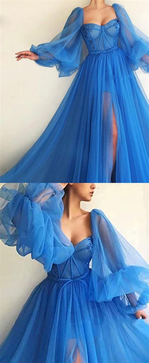 Princess Long Blue Puffy Sleeve Prom Party Dresses With Slit Pl10427 Siaoryne