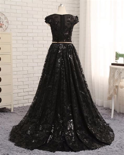 Black Lace Cap Sleeve Long Senior Prom Dress Evening Dress With Belt