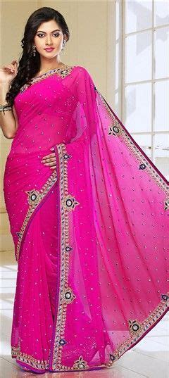 Georgette Bridal Saree In Pink And Majenta With Embroidered Work