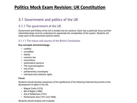 Uk Constitution A Level Politics Note Sheets Teaching Resources