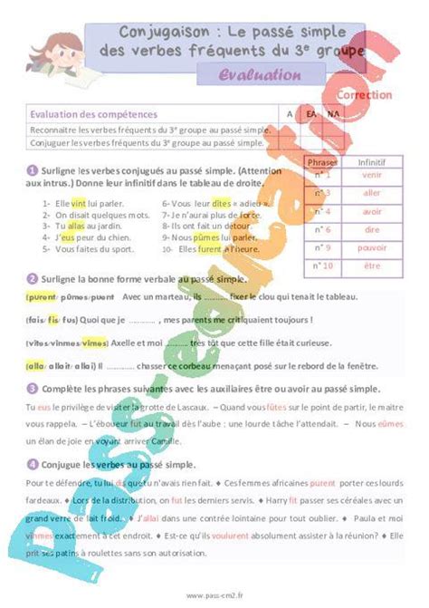 Le Passé Simple Des Verbes Fréquents Du 3e Groupe Évaluation De Conjugaison Pour Le Cm2 Pdf